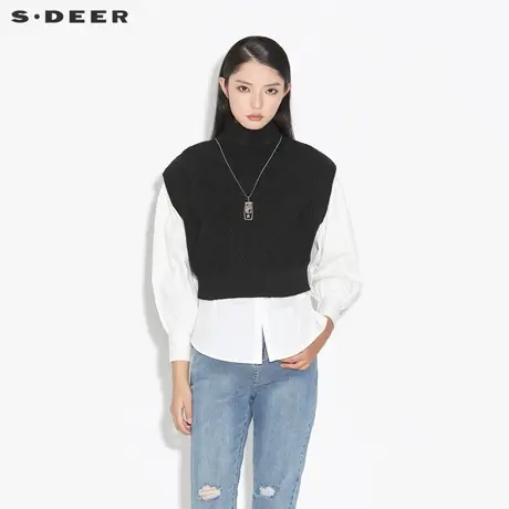 sdeer圣迪奥女装春秋装休闲钩花长袖撞色衬衫毛衣两件套S21383509图片