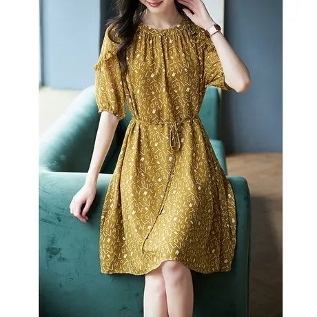 宝诗黎圆领系带收腰字母印花连衣裙2025夏季新款短袖中长雪纺裙子商品大图