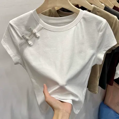 新中式国风正肩甜辣妹短袖T恤女夏季修身短款盘扣半袖纯欲风上衣图片