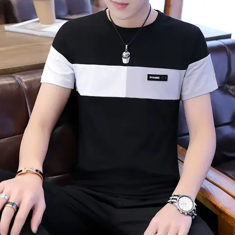 男士短袖T恤夏季休闲拼接款男装上衣服纯棉修身潮流半袖打底小衫商品大图