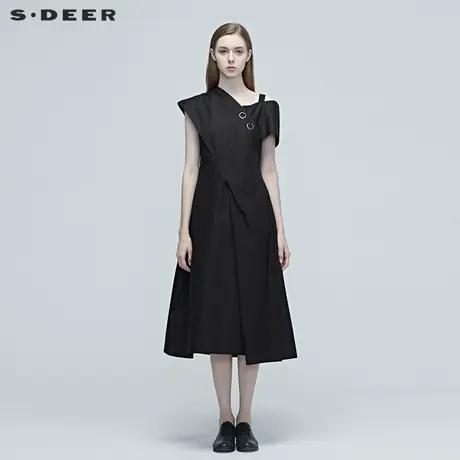 sdeer圣迪奥女装个性拼接褶皱不规则吊带连衣裙S20281280🔦商品大图