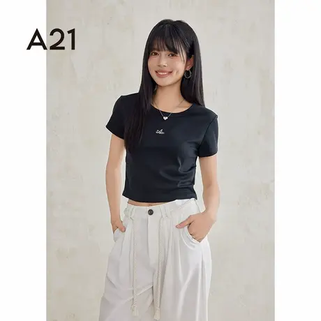 a21女装圆领简约纯色短袖t恤夏季休闲显瘦辣妹上衣女款打底衫图片