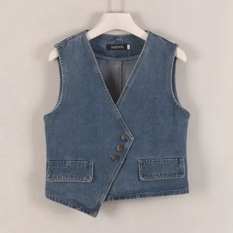 牛仔马甲女短款修身韩版2025新款春秋无袖外套背心v领不对称马夹商品大图