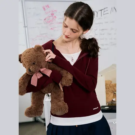 a02百搭假两件连帽长袖卫衣2025春季简约刺绣休闲显瘦女式T恤图片