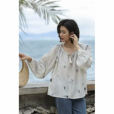 弥古灯笼袖雪纺衬衣女高级感2025新款夏季薄款水墨印花新中式上衣图片