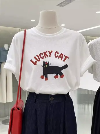 新品速递~趣味黑色猫咪印花短袖夏季圆领休闲百搭舒适显瘦T恤上衣商品大图