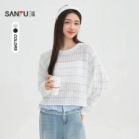 三福毛衣2025秋季圆领条纹镂空针织衫宽松上衣女装505630图片