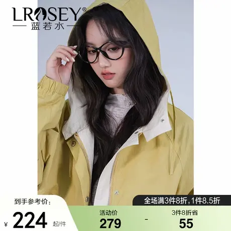 蓝若水大码女装设计感拼色连帽外套胖mm秋装新款帅气工装短款上衣图片