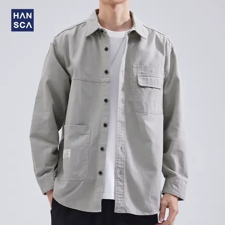 hansca长袖衬衫男2022秋季新款日系纯棉宽松百搭休闲潮流衬衣外套商品大图
