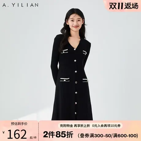 阿依莲2023新款小香风秋冬连衣裙法式连衣裙女装显瘦修身黑色商品大图