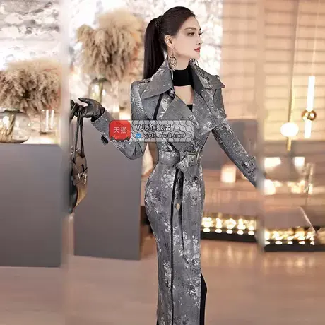 深秋季定制设计感压花收腰风衣新款双排扣中长款过膝棉服外套图片