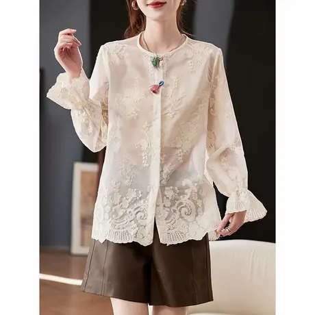 宝诗黎圆领刺绣镂空长袖衬衫2025春季洋气宽松百搭通勤白衬衣女商品大图
