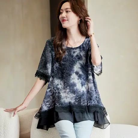 宝诗黎蕾丝拼接扎染印花短袖小衫2025夏季洋气宽松气质休闲雪纺衫商品大图