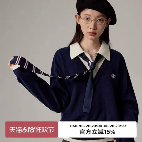 omont蛋挞家 假两件衬衫领针织毛衣冬季复古学院风套头针织衫商品大图