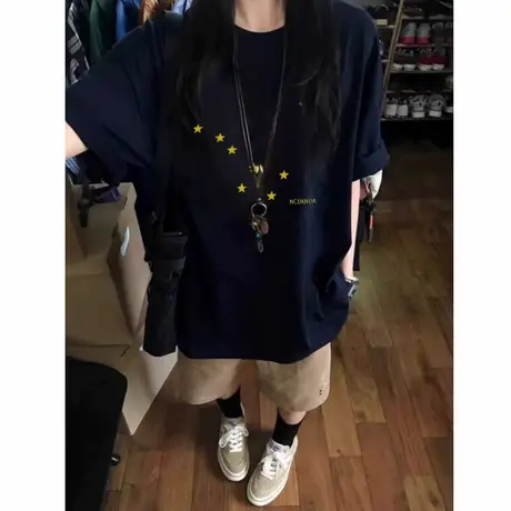 100%纯棉藏蓝色正肩短袖t恤女2025夏季新款宽松美式高街情侣上衣商品大图