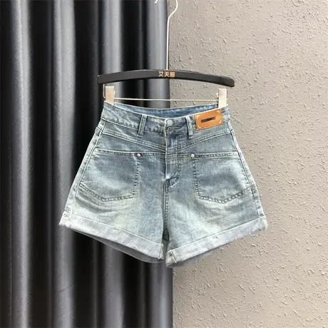 韩版牛仔短裤女2025夏季新款个性贴标宽松百搭休闲高腰热裤阔腿裤商品大图