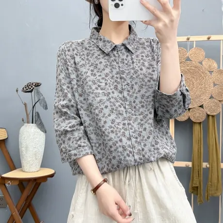 夏季韩版文艺小清新碎花纯棉七分袖衬衫女士宽松百搭休闲中袖上衣商品大图