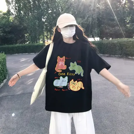 黑色夏季纯棉短袖t恤女2025新款爆款宽松显瘦半袖小众设计感上衣商品大图