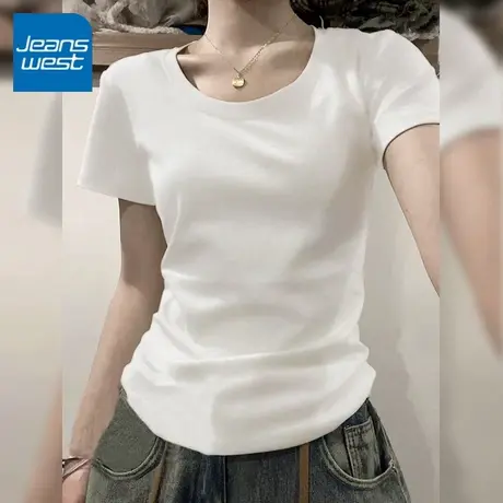 KV真维斯白色短袖上衣女2025夏新款正肩圆领紧身短袖修身t恤纯棉商品大图