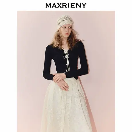 MAXRIENY法式v领蕾丝针织开衫收腰X型开叉长袖上衣女25秋款小衫图片