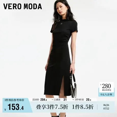Vero Moda奥莱连衣裙夏季新款时髦短袖黑色开衩T恤裙女裙子流行商品大图