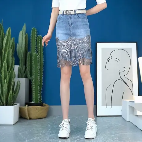 高腰牛仔半身裙女夏季新款轻薄A字裙时尚蕾丝网纱拼接显瘦包臀裙商品大图