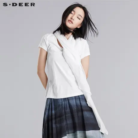 s.deer【新品】 圣迪奥 女夏灵动垂褶搭片短袖T恤S16280105图片