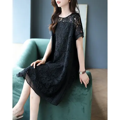 宝诗黎圆领蕾丝镂空休闲显瘦连衣裙夏季短袖2025新款雪纺中长裙子商品大图