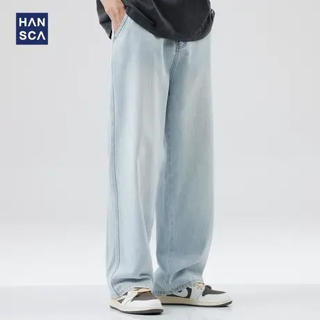 hansca美式拼接浅蓝色牛仔裤男春夏季薄款复古阔腿宽松直筒长裤子商品大图