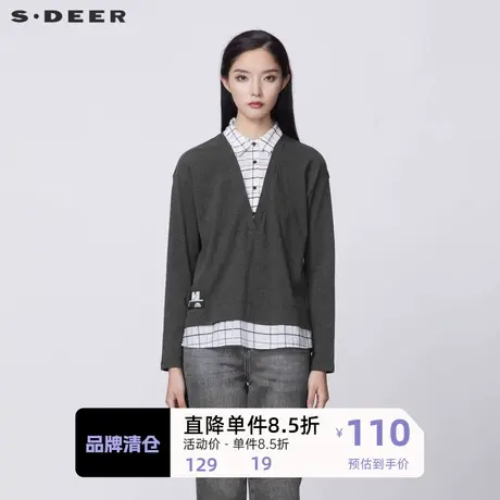 sdeer圣迪奥女装休闲翻领格纹字母假两件长袖T恤S21380212图片