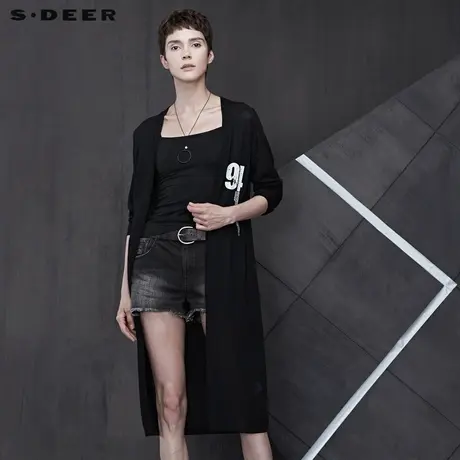 sdeer圣迪奥休闲时尚开襟撞色字母黑色长袖针织衫S19283518图片