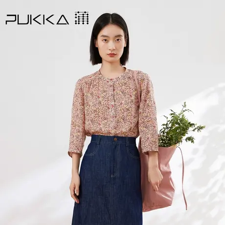 蒲PUKKA 法式复古女装夏季新品苎麻印花七分袖上衣商品大图