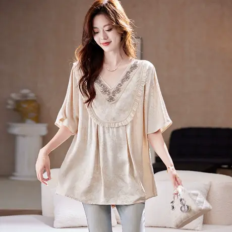 宝诗黎V领重工钉钻提花雪纺衫2025夏季气质高级感宽松休闲小衫女图片