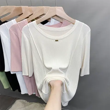 冰丝圆领针织衫女套头2025夏装新款内搭打底衫外穿薄款中袖t恤衫商品大图