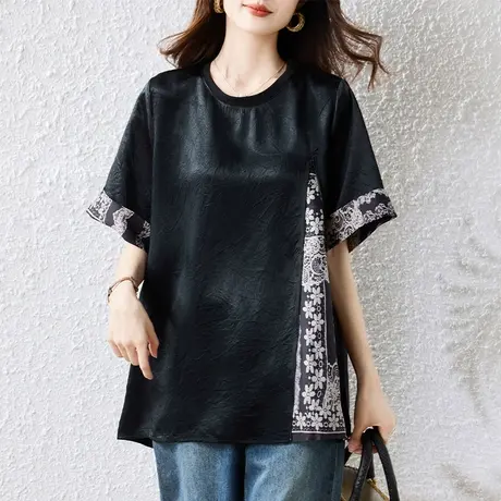 短袖t恤女夏季新款加肥加大码女装宽松洋气印花拼接遮肚显瘦体恤商品大图