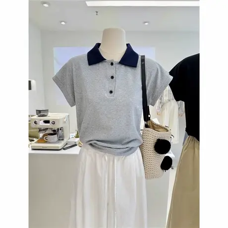 韩系高级感Polo领短袖T恤女夏季韩版修身显瘦插肩半袖上衣ins潮牌图片