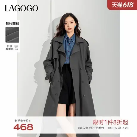 LAGOGO干练翻领风衣女拉谷谷春秋新款格雷系高级感插肩袖外套商品大图