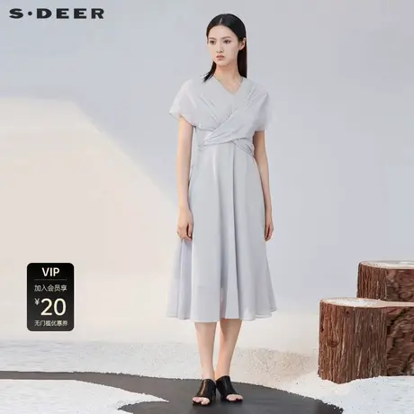 sdeer圣迪奥女装V领立体裁剪雪纺短袖连衣裙S223Z12R4商品大图
