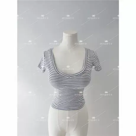 现货 东大门自制条纹大领紧身短袖T恤显身材上衣体恤图片