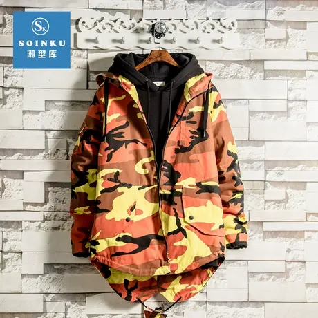 棉服男士外套冬季新款个性棉衣男冬装加绒加厚迷彩中长款棉袄子图片