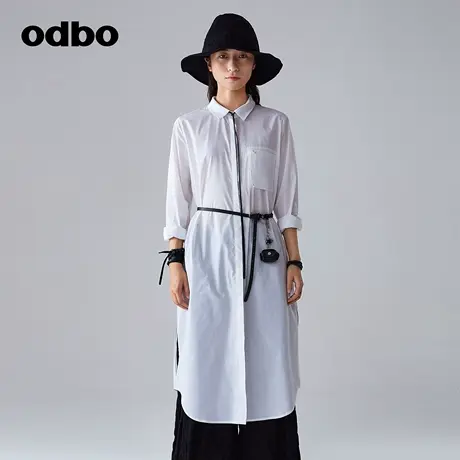 odbo/欧迪比欧休闲气质长袖衬衫女春季新款侧开叉中长款宽松上衣图片