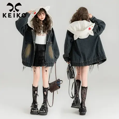 KEIKO 设计感连帽牛仔外套2025春季美式潮酷宽松显瘦休闲夹克上衣商品大图
