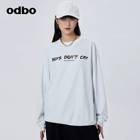 odbo 潮牌情侣装圆领灰色卫衣女春季新款宽松字母设计感上衣商品大图