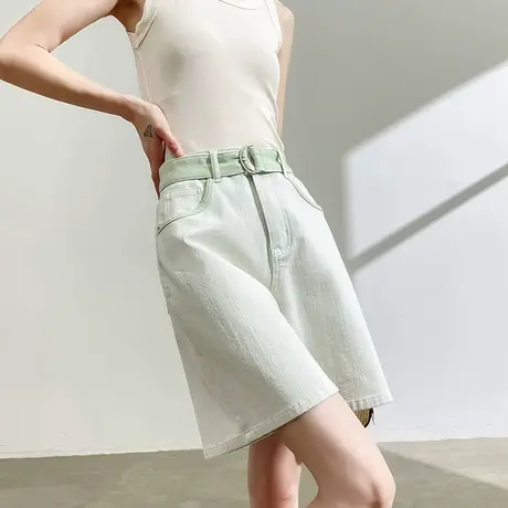 薄荷绿色牛仔短裤女夏季薄款裤子高腰宽松显瘦腰带5分a字五分热裤商品大图