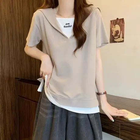 设计感小众撞色短袖t恤女夏季韩版宽松大码女装海军领假两件上衣图片