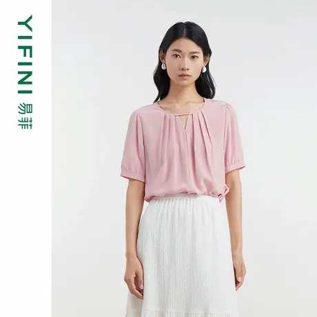 [专柜同款]Yifini/易菲粉色真丝100%桑蚕丝宽松套头气质小衫上衣商品大图