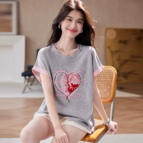 宝诗黎圆领字母刺绣短袖T恤2025夏季蝙蝠袖气质简约百搭休闲上衣商品大图