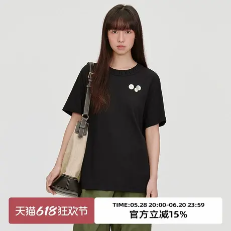 omont蛋挞家贝壳扣设计感短袖T恤2025夏季圆领宽松休闲黑色上衣女商品大图