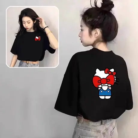 2025夏季新款卡通HelloKitty凯蒂猫印花纯棉情侣装短袖上衣女T恤商品大图