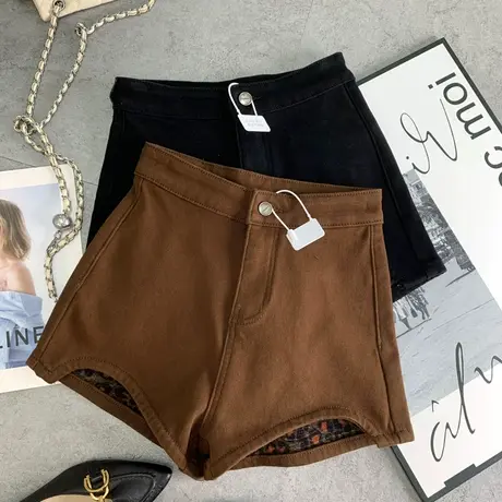 美式豹纹高腰辣妹牛仔短裤女秋冬加绒加厚弹力包臀A字阔腿靴裤潮商品大图